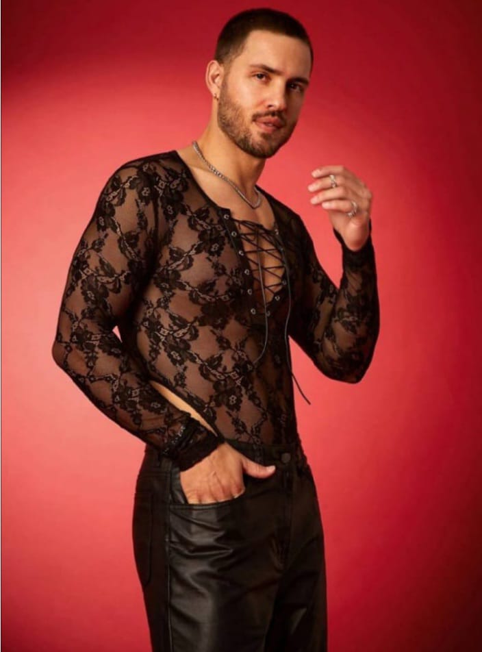 men's lace crossed strap see-though long sleeve bodysuit